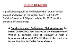 Preliminary Plat Application Public Hearing for Dollar General